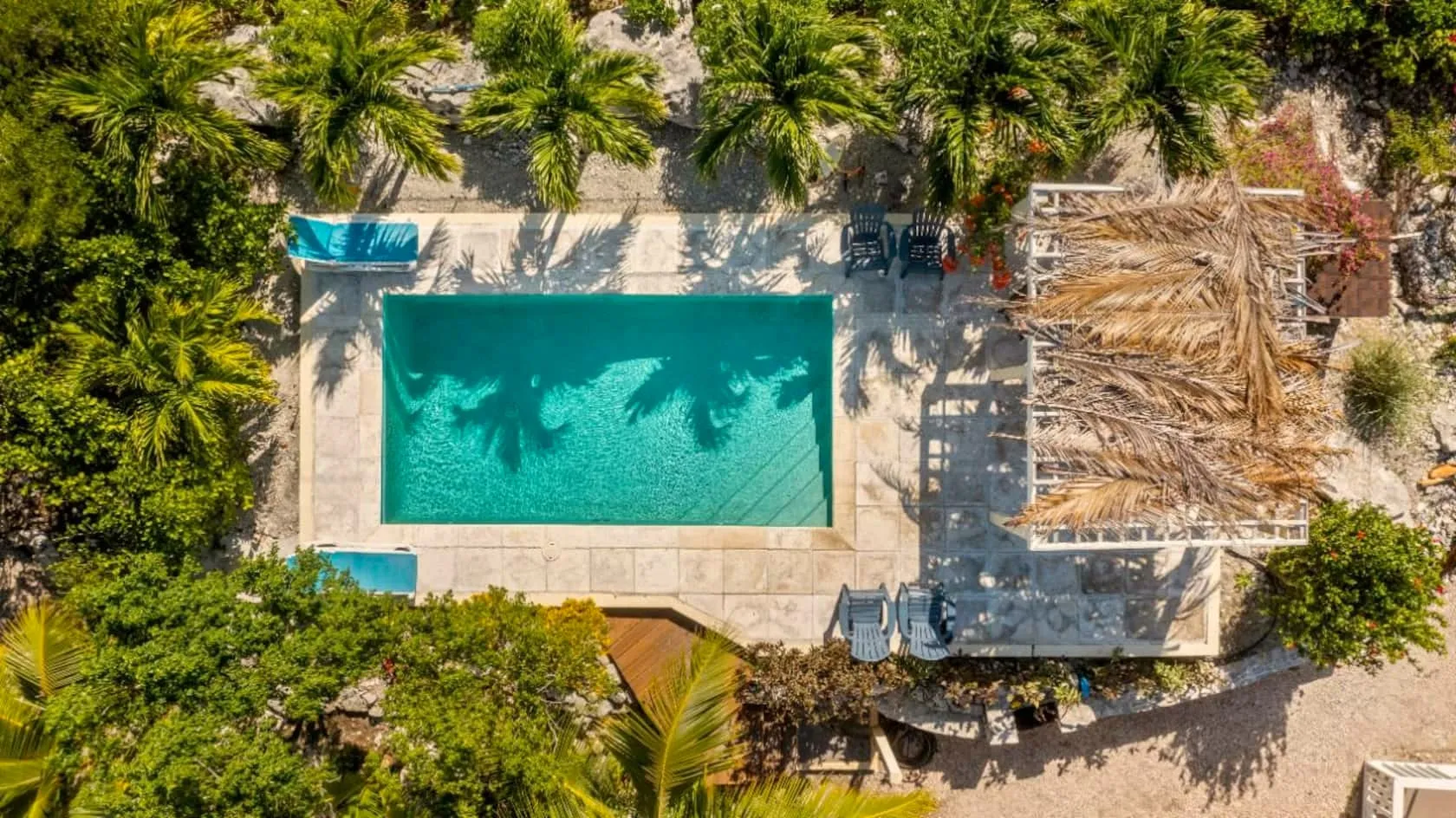 Drone view straight down on the turquoise pool ringed by palms, sun deck, and thatched pergola